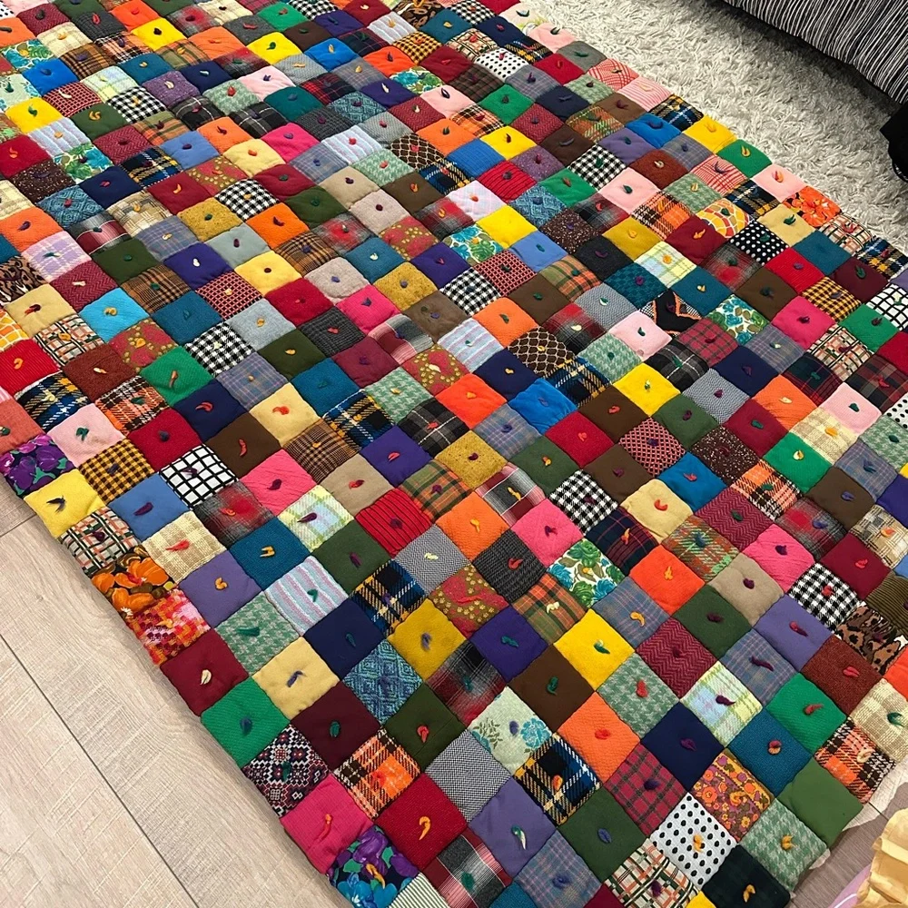 HAND MADE OVERSIZED TWIN QUILT 54.5 x 79.5 VINTAGE BOHO CABIN FARMHOUSE